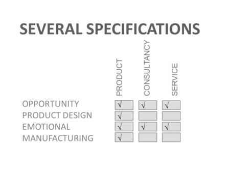 SEVERAL SPECIFICATIONS OPPORTUNITY PRODUCT DESIGN EMOTIONAL MANUFACTURING PRODUCT CONSULTANCY SERVICE √ √ √ √ √√ √√