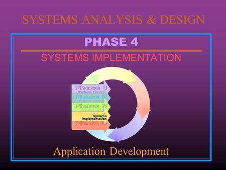 PHASE 4 SYSTEMS IMPLEMENTATION Application Development SYSTEMS ANALYSIS & DESIGN.
