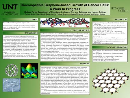Biocompatible Graphene-based Growth of Cancer Cells: A Work In Progress Melissa Parks, Department of Chemistry, College of Arts and Sciences, and Honors.