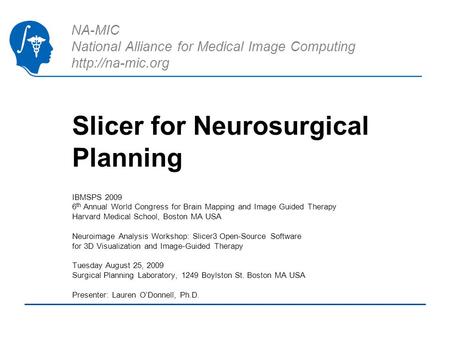 NA-MIC National Alliance for Medical Image Computing  Slicer for Neurosurgical Planning IBMSPS 2009 6 th Annual World Congress for Brain.