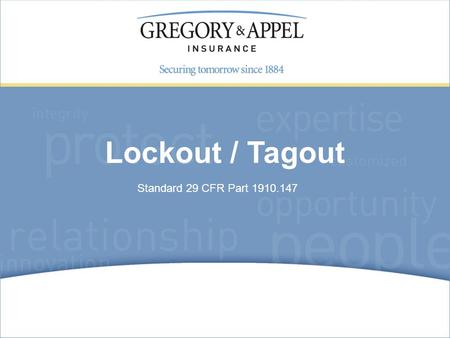 Standard 29 CFR Part 1910.147 Lockout / Tagout. Lockout/tagout agenda In today’s presentation, we will discuss the following: Terminology Energy sources.
