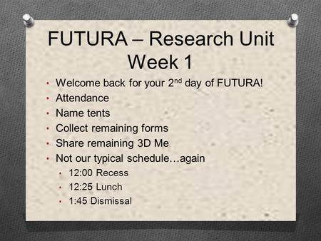FUTURA – Research Unit Week 1 Welcome back for your 2 nd day of FUTURA! Attendance Name tents Collect remaining forms Share remaining 3D Me Not our typical.