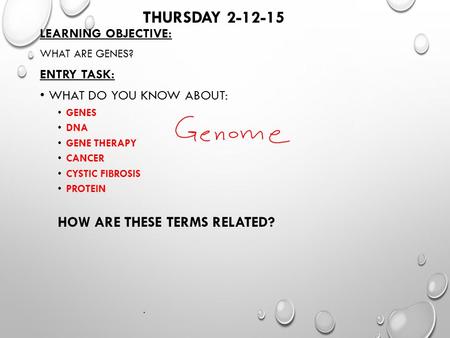 THURSDAY 2-12-15 LEARNING OBJECTIVE: WHAT ARE GENES? ENTRY TASK: WHAT DO YOU KNOW ABOUT: GENES DNA GENE THERAPY CANCER CYSTIC FIBROSIS PROTEIN HOW ARE.