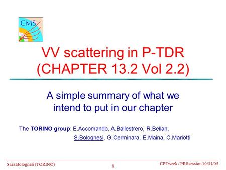 1 VV scattering in P-TDR (CHAPTER 13.2 Vol 2.2) A simple summary of what we intend to put in our chapter CPTweek / PRSsession 10/31/05 Sara Bolognesi (TORINO)