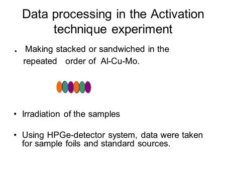 Data processing in the Activation technique experiment. Making stacked or sandwiched in the repeated order of Al-Cu-Mo. Irradiation of the samples Using.