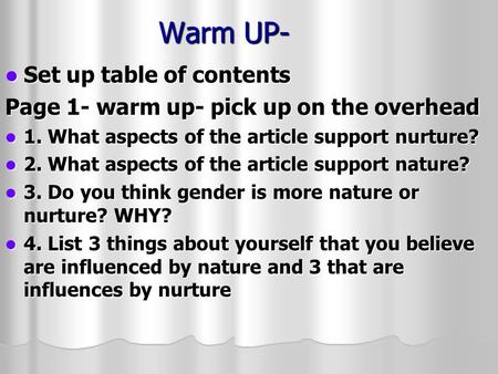 Warm UP- Set up table of contents