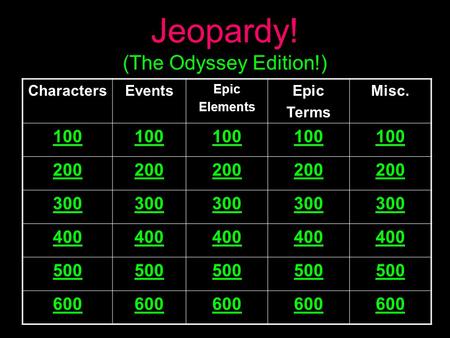 Jeopardy! (The Odyssey Edition!) CharactersEvents Epic Elements Epic Terms Misc. 100 200 300 400 500 600.