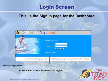 Login Screen This is the Sign In page for the Dashboard New User Registration Enter  Id and Password to sign In.