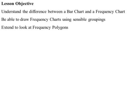 Lesson Objective Understand the difference between a Bar Chart and a Frequency Chart Be able to draw Frequency Charts using sensible groupings Extend to.