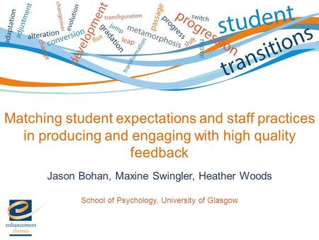 Matching student expectations and staff practices in producing and engaging with high quality feedback Jason Bohan, Maxine Swingler, Heather Woods School.