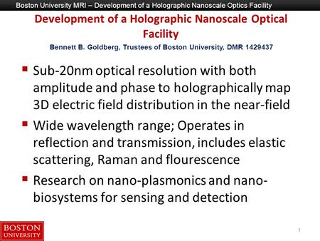 Boston University MRI – Development of a Holographic Nanoscale Optics Facility Development of a Holographic Nanoscale Optical Facility  Sub-20nm optical.