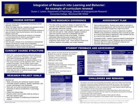 Integration of Research into Learning and Behavior: An example of curriculum renewal Susan J. Larson, Department of Psychology, Director of Undergraduate.