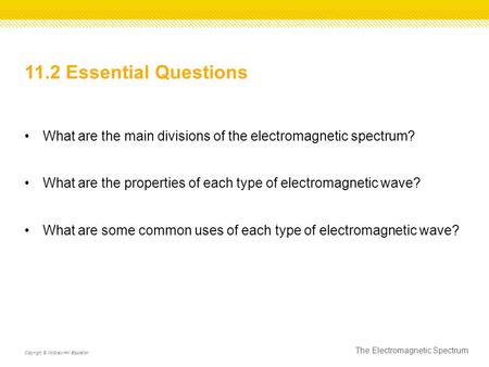 11.2 Essential Questions What are the main divisions of the electromagnetic spectrum? What are the properties of each type of electromagnetic wave? What.