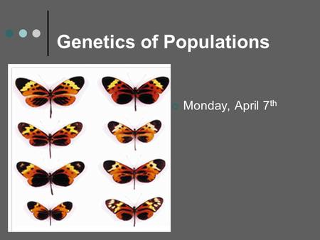 Monday, April 7 th Genetics of Populations. Population Genetics Vocab Population: A localized group of individuals belonging to the same species Species: