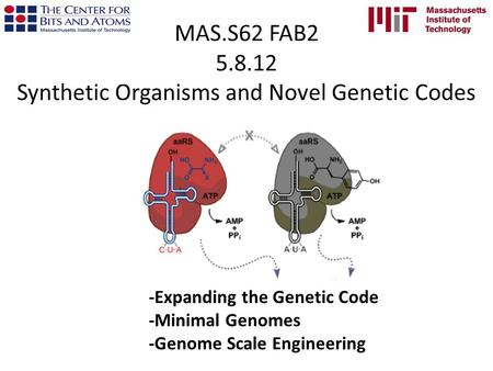 MAS.S62 FAB2 5.8.12 Synthetic Organisms and Novel Genetic Codes -Expanding the Genetic Code -Minimal Genomes -Genome Scale Engineering.