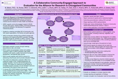 A Collaborative Community-Engaged Approach to Evaluation for the Alliance for Research in Chicagoland Communities M. Mason, PhD, 1,2 B. Rucker, MPH 3,4.