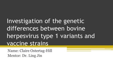 Investigation of the genetic differences between bovine herpesvirus type 1 variants and vaccine strains Name: Claire Ostertag-Hill Mentor: Dr. Ling Jin.