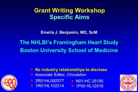 Specific Aims Grant Writing Workshop Specific Aims Emelia J. Benjamin, MD, ScM The NHLBI’s Framingham Heart Study Boston University School of Medicine.