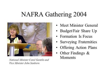 NAFRA Gathering 2004 Meet Minister General Budget/Fair Share Up Formation Is Focus Surveying Fraternities Offering Action Plans Other Findings & Moments.