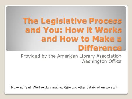 The Legislative Process and You: How it Works and How to Make a Difference Provided by the American Library Association Washington Office Have no fear!