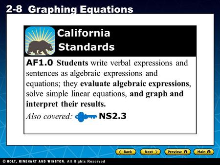 Holt CA Course 1 2-8 Graphing Equations AF1.0 Students write verbal expressions and sentences as algebraic expressions and equations; they evaluate algebraic.