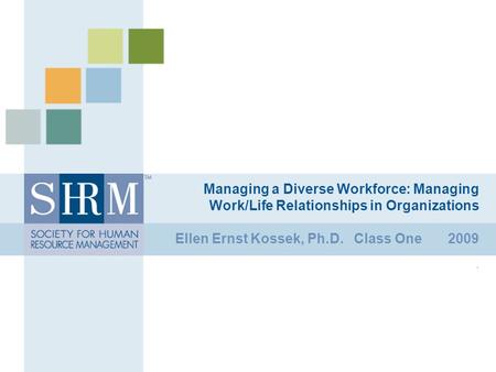 Managing a Diverse Workforce: Managing Work/Life Relationships in Organizations Ellen Ernst Kossek, Ph.D. Class One 2009.