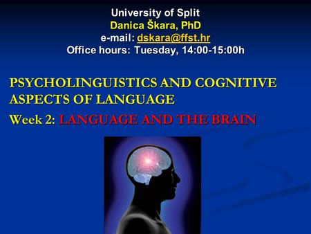 University of Split Danica Škara, PhD   Office hours: Tuesday, 14:00-15:00h PSYCHOLINGUISTICS AND COGNITIVE ASPECTS.