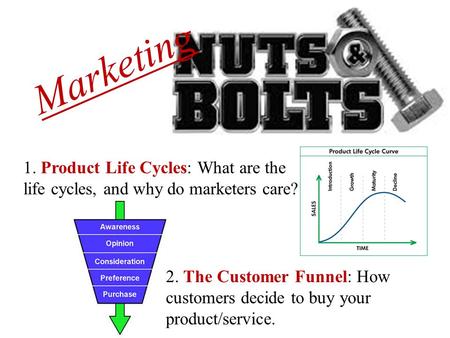 Marketing 1. Product Life Cycles: What are the life cycles, and why do marketers care? 2. The Customer Funnel: How customers decide to buy your product/service.