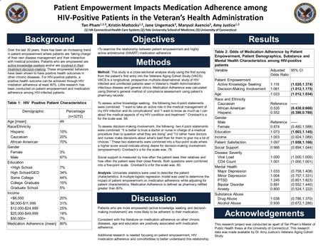 Patient Empowerment Impacts Medication Adherence among HIV-Positive Patients in the Veteran’s Health Administration Tan Pham 1,2,3, Kristin Mattocks 1,2,