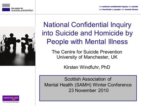 National Confidential Inquiry into Suicide and Homicide by People with Mental Illness The Centre for Suicide Prevention University of Manchester, UK Kirsten.