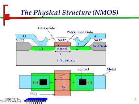 1 The Physical Structure (NMOS) Field Oxide SiO2 Gate oxide Field Oxide n+ Al SiO2 Polysilicon Gate channel L P Substrate D S L W (D) (S) Metal n+ (G)