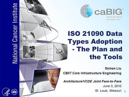 1 ISO 21090 Data Types Adoption - The Plan and the Tools Architecture/VCDE Joint Face-to-Face June 3, 2010 St. Louis, Missouri Sichen Liu CBIIT Core Infrastructure.