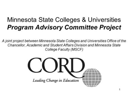 1 Minnesota State Colleges & Universities Program Advisory Committee Project A joint project between Minnesota State Colleges and Universities Office of.