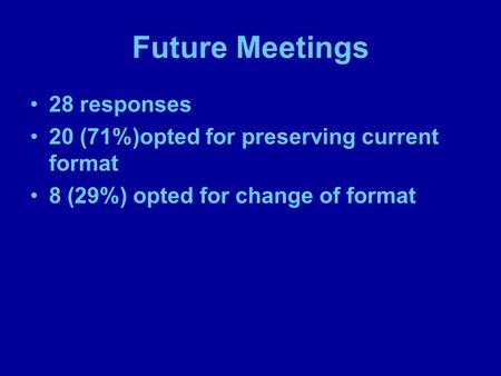 Future Meetings 28 responses 20 (71%)opted for preserving current format 8 (29%) opted for change of format.