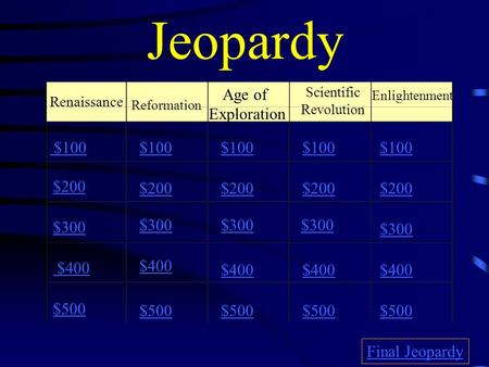 Jeopardy Renaissance Reformation Age of Exploration Scientific Revolution Enlightenment $100 $200 $300 $400 $500 $100 $200 $300 $400 $500 Final Jeopardy.