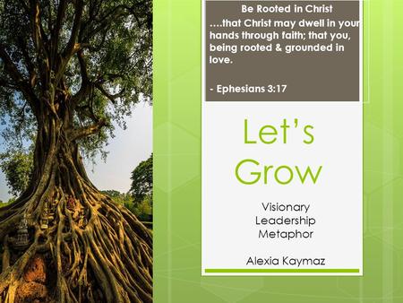 Let’s Grow Be Rooted in Christ ….that Christ may dwell in your hands through faith; that you, being rooted & grounded in love. - Ephesians 3:17 Visionary.