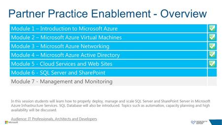 Partner Practice Enablement - Overview In this session students will learn how to properly deploy, manage and scale SQL Server and SharePoint Server in.