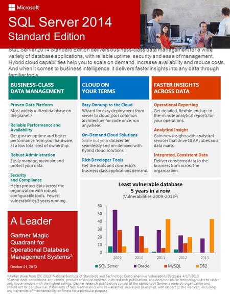 SQL Server 2014 Standard Edition SQL Server 2014 Standard Edition delivers business-class data management for a wide variety of database applications,