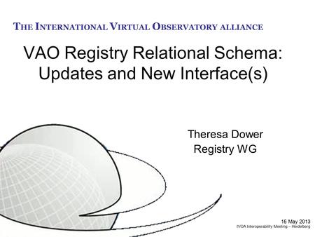 T HE I NTERNATIONAL V IRTUAL O BSERVATORY ALLIANCE VAO Registry Relational Schema: Updates and New Interface(s) Theresa Dower Registry WG 16 May 2013 IVOA.