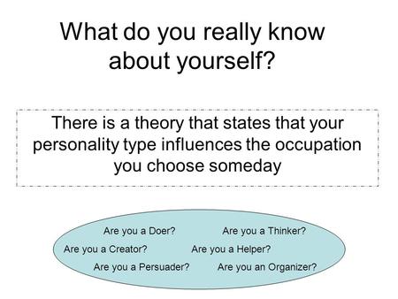 What do you really know about yourself? There is a theory that states that your personality type influences the occupation you choose someday Are you a.