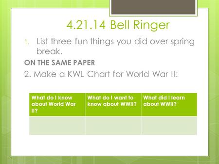 4.21.14 Bell Ringer 1. List three fun things you did over spring break. ON THE SAME PAPER 2. Make a KWL Chart for World War II: What do I know about World.