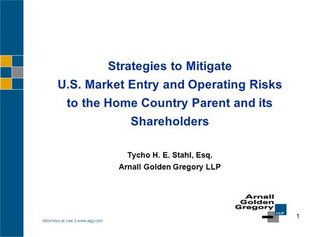 1 Strategies to Mitigate U.S. Market Entry and Operating Risks to the Home Country Parent and its Shareholders Tycho H. E. Stahl, Esq. Arnall Golden Gregory.