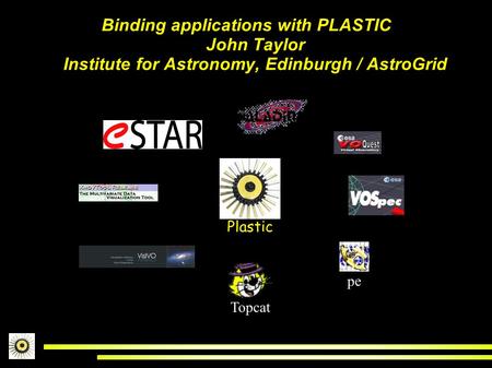 Binding applications with PLASTIC John Taylor Institute for Astronomy, Edinburgh / AstroGrid Topcat Astr oSco pe Plastic.