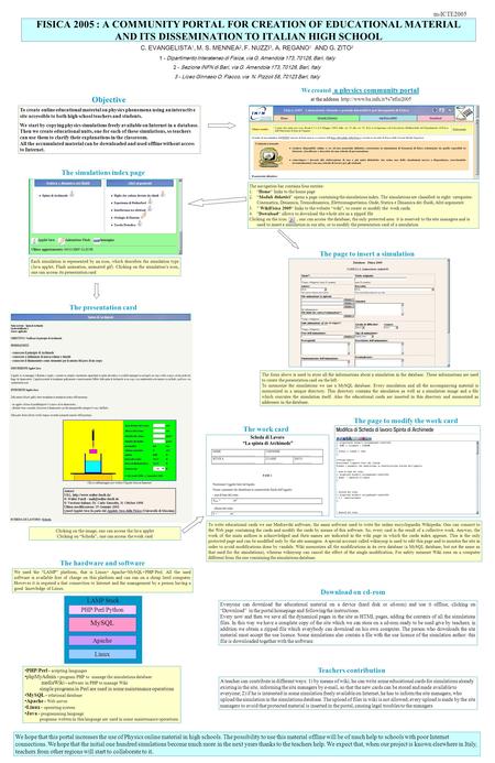 FISICA 2005 : A COMMUNITY PORTAL FOR CREATION OF EDUCATIONAL MATERIAL AND ITS DISSEMINATION TO ITALIAN HIGH SCHOOL To create online educational material.