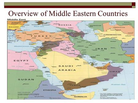 Overview of Middle Eastern Countries. Syria  Part of Ottoman Empire until 1918  French and British take over until 1947  Independence led to.