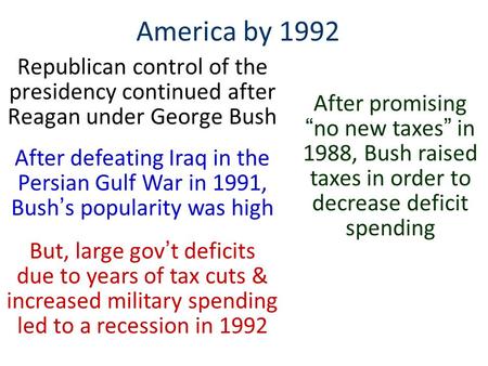 America by 1992 Republican control of the presidency continued after Reagan under George Bush After defeating Iraq in the Persian Gulf War in 1991, Bush.
