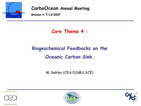 Core Theme 4 : Biogeochemical Feedbacks on the Oceanic Carbon Sink. M. Gehlen (CEA/DSM/LSCE) CarboOcean Annual Meeting Bremen 4-7/12/2007.