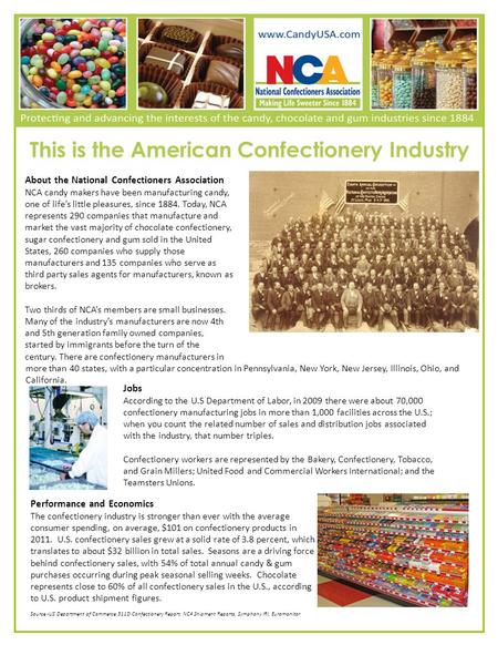 This is the American Confectionery Industry About the National Confectioners Association NCA candy makers have been manufacturing candy, one of life’s.