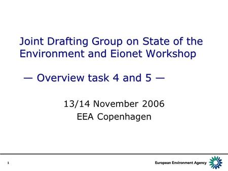 1 Joint Drafting Group on State of the Environment and Eionet Workshop — Overview task 4 and 5 — 13/14 November 2006 EEA Copenhagen.