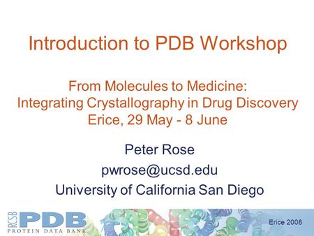 Erice 2008 Introduction to PDB Workshop From Molecules to Medicine: Integrating Crystallography in Drug Discovery Erice, 29 May - 8 June Peter Rose